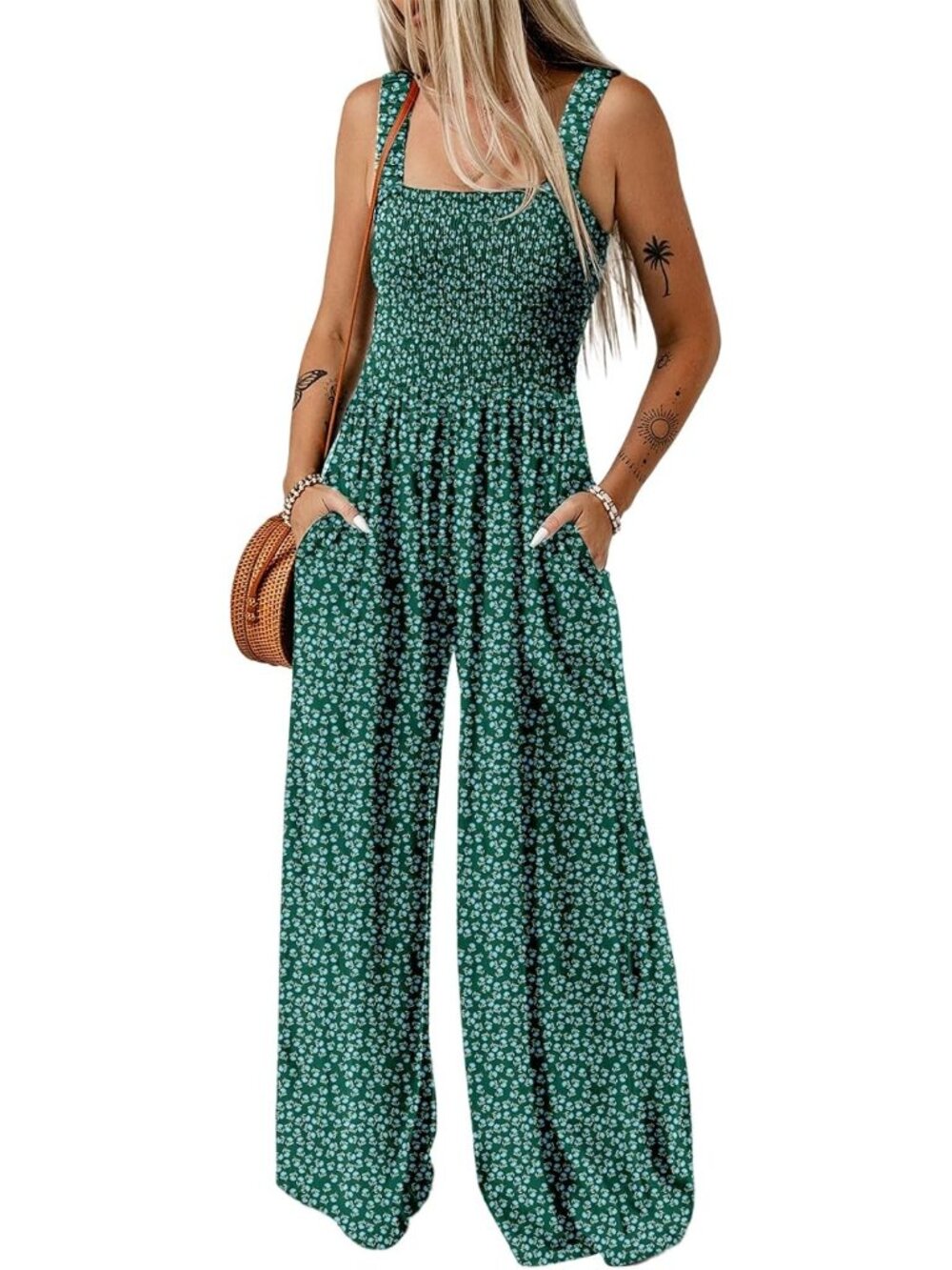 Women's Dark Green Summer One Piece Sleeveless Loose Overalls Jumpsuits Rompers